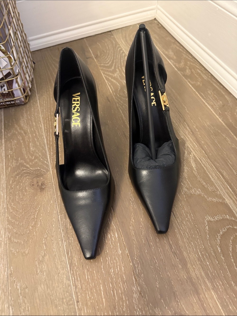 Versace Black Leather Pointed Toe Slingback Heels with Gold Accent
